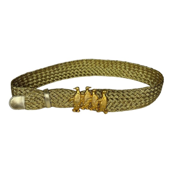 Vintage Gold Penguin Buckle Woven Belt M/L Glam Novelty Animal Regency Eclectic - Picture 1 of 6